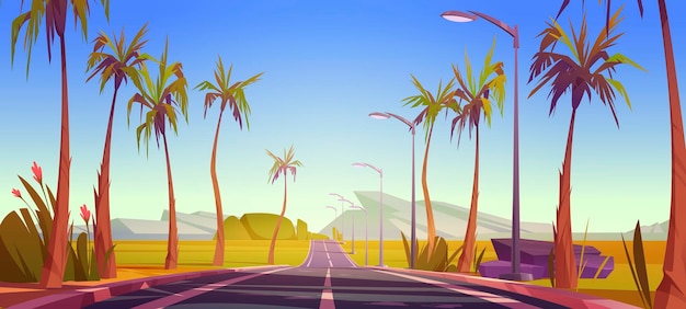 Tropical landscape with car road and palm trees