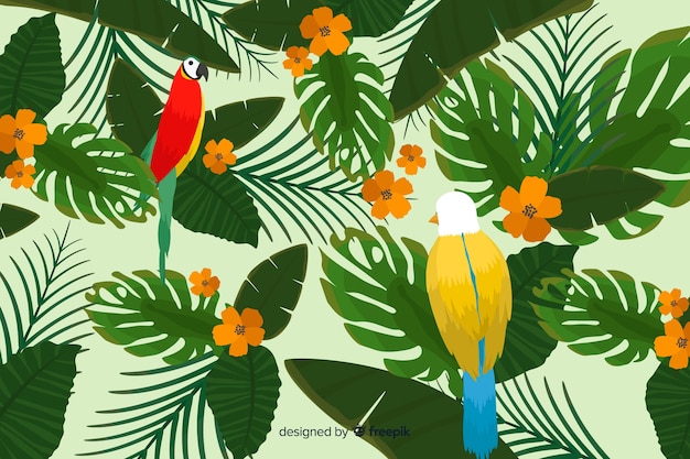 Tropical leaves and birds background