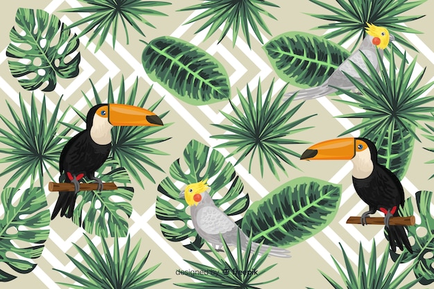 Free vector tropical leaves and birds background