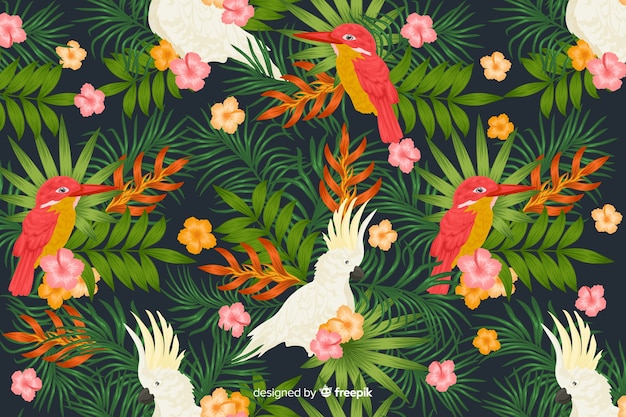 Free Vector tropical leaves and exotic birds background