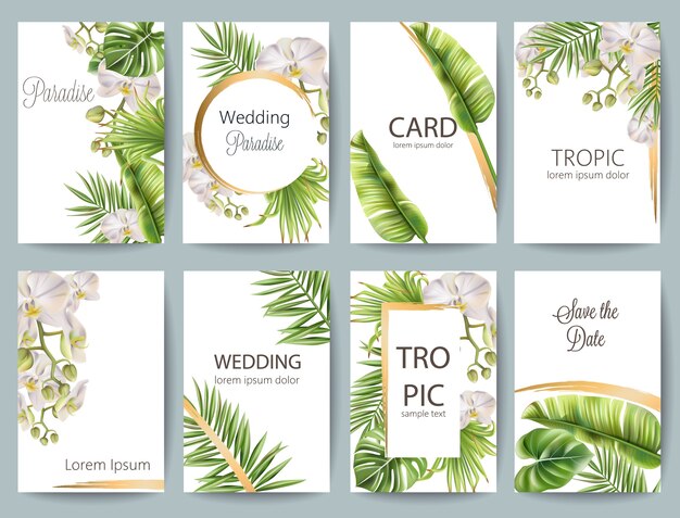 Tropical leaves wedding greeting card set with flowers and place for text