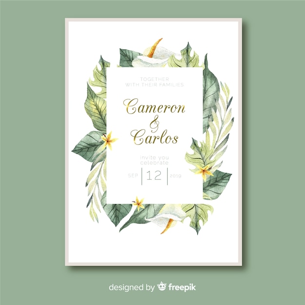 Tropical leaves wedding invitation template watercolor style