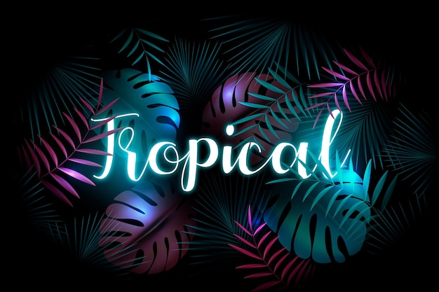 Free Vector tropical neon lettering with leaves