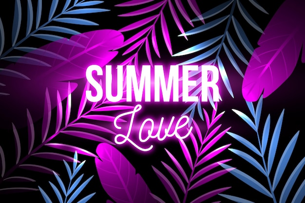 Tropical neon lettering with leaves