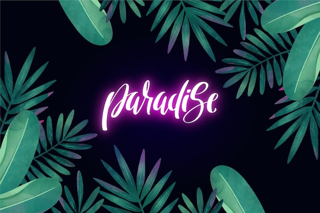 Tropical neon lettering with leaves