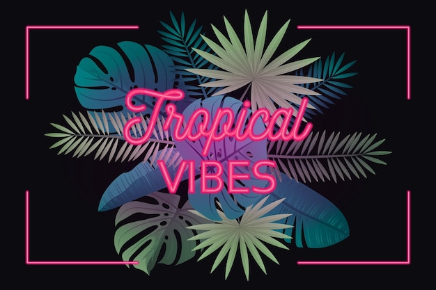 Tropical neon lettering with leaves