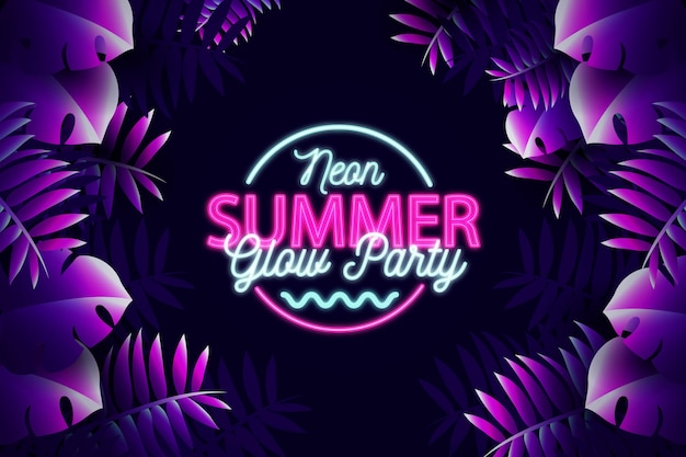 Tropical neon lettering with leaves