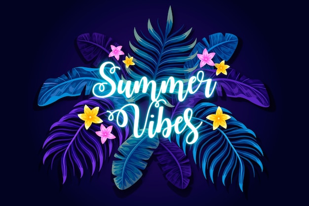 Tropical neon lettering with leaves