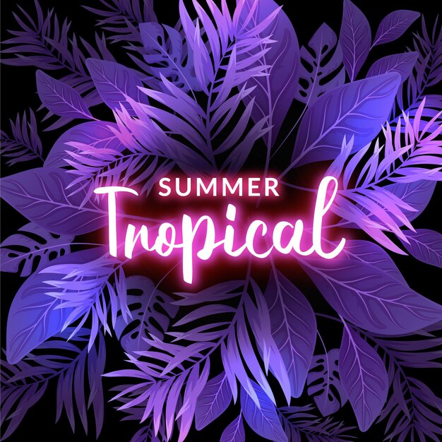 Tropical neon lettering with leaves