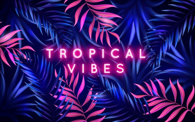 Tropical neon lettering with leaves