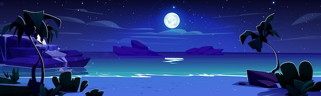 Free vector tropical night seascape with sandy beach