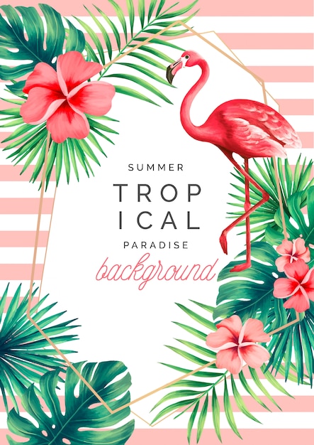 Tropical Paradise Background With Exotic Nature and Flamingo