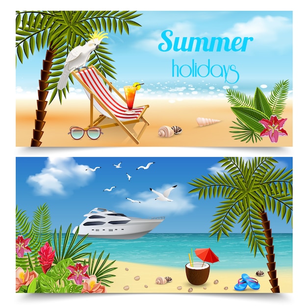 Tropical paradise banners collection with images of summer holidays relaxation by the sea with beach landscapes