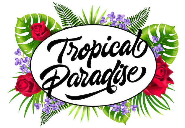 Free vector tropical paradise flyer with exotic leaves, lilac and roses.