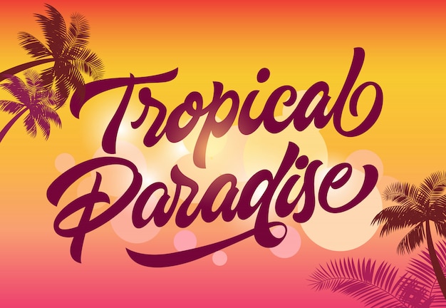 Free vector tropical paradise greeting card template with palm silhouettes and sunset in background.