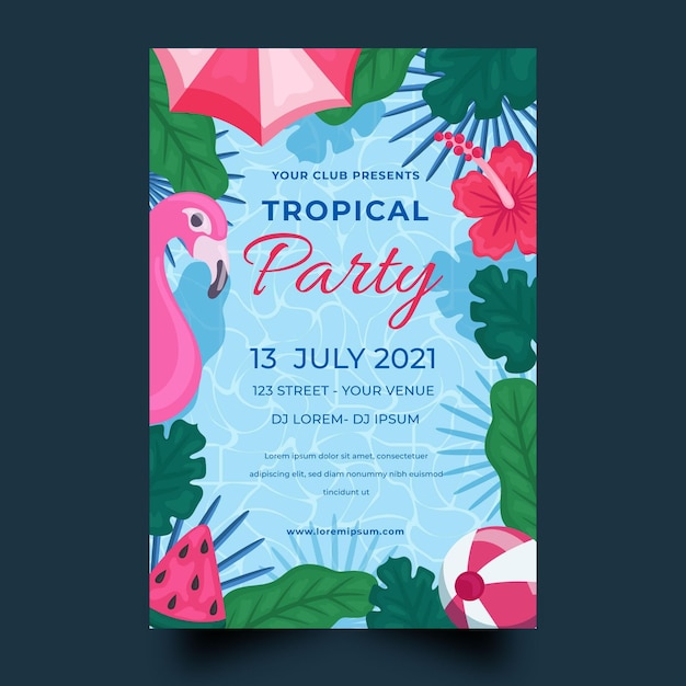 Free Vector tropical party poster template with flamingo and leaves