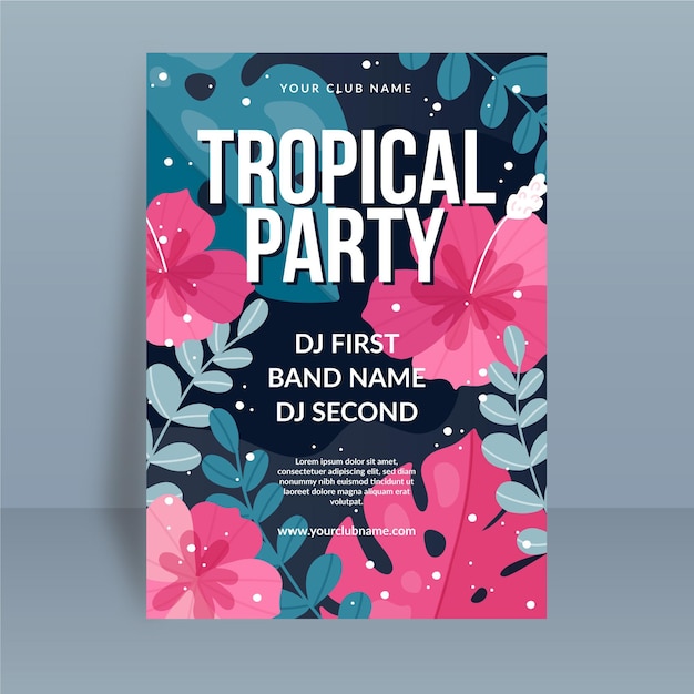 Tropical party poster template with flowers and leaves