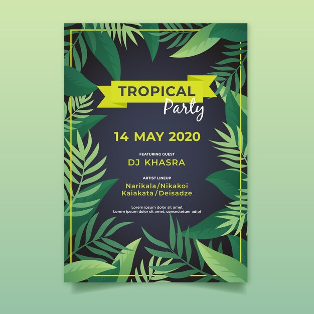 Tropical party poster template with leaves