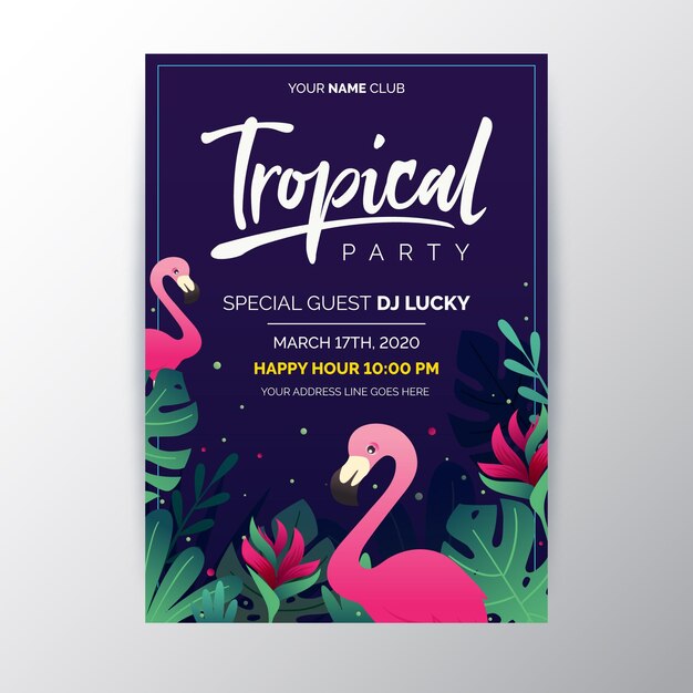 Free vector tropical party poster with leaves and flamingo