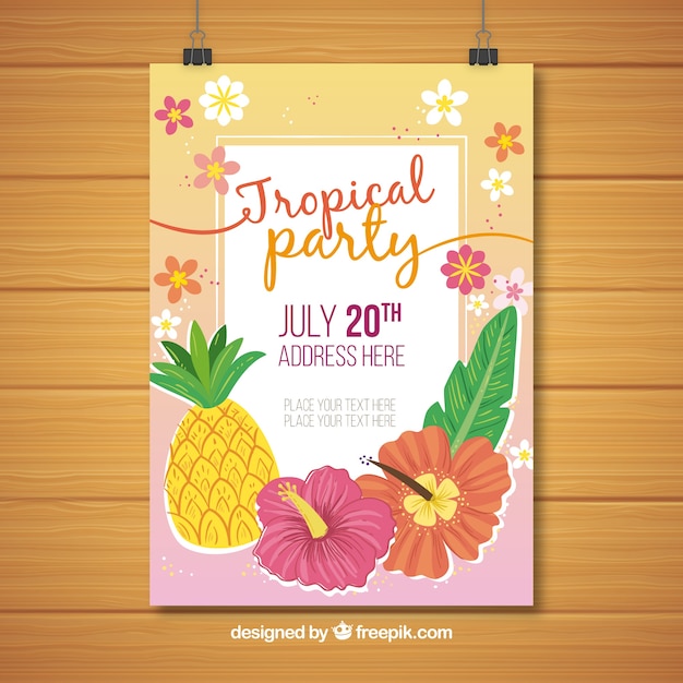 Free Vector tropical party poster with pineapple and flowers