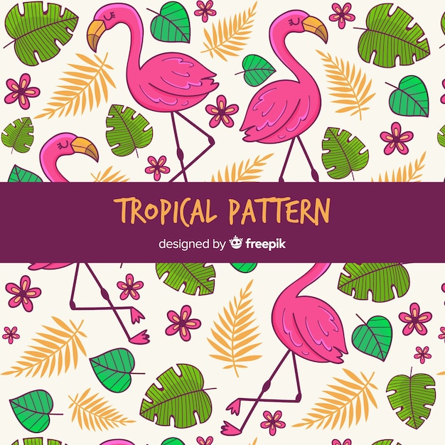 Free Vector tropical pattern background with flowers, leaves and flamingos