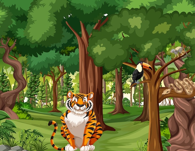 Tropical rainforest scene with various wild animals