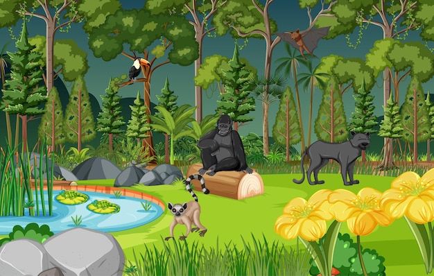 Tropical rainforest scene with various wild animals