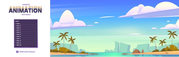 Tropical sea landscape with palm trees on sand beach and mountains Vector parallax background ready for 2d animation with cartoon summer seascape with lagoon and rocks on horizon