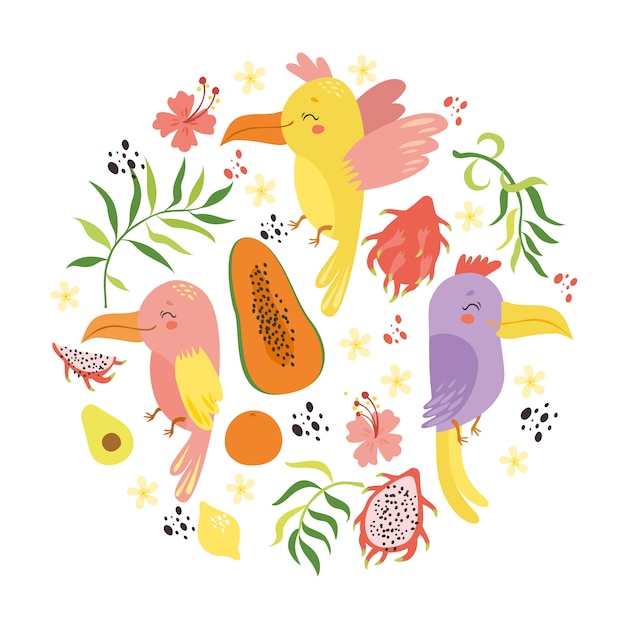 tropical set with parrots and fruits