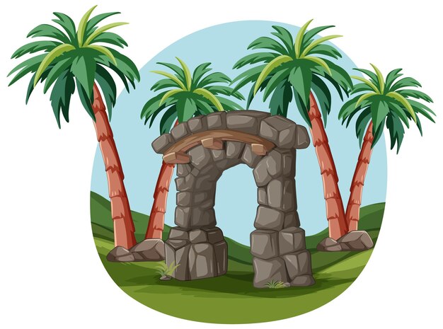 Tropical Stone Archway Amidst Palm Trees