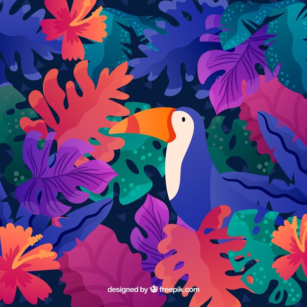 Tropical summer background with toucan and colorful plants