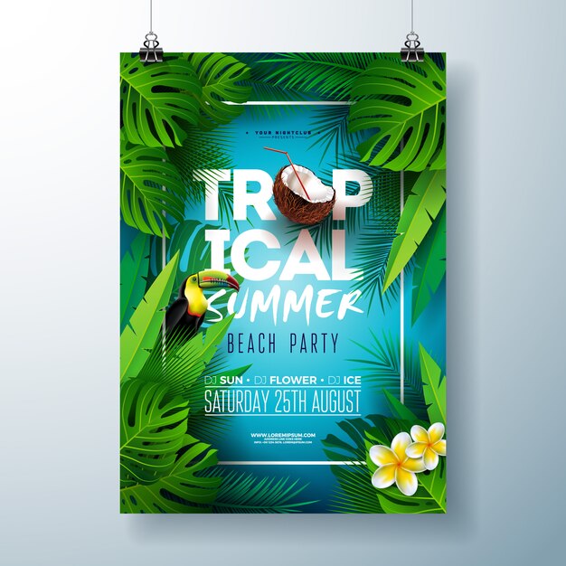 Tropical Summer Beach Party Flyer or poster template Design with flower, coconut and toucan bird