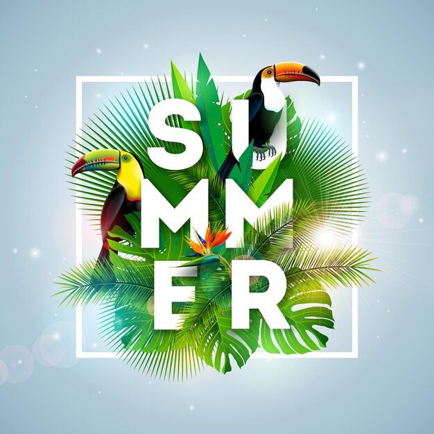 Tropical Summer Holiday Design with Toucan Bird and Parrot Flower on Exotic Palm Leaves