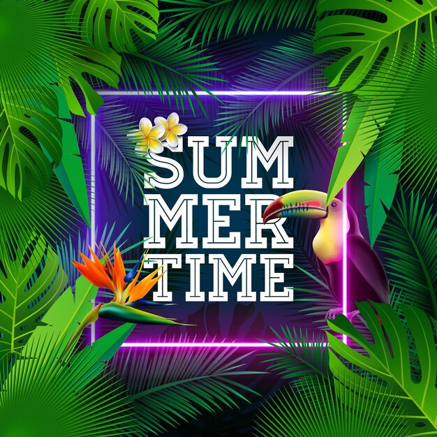 Tropical Summer Holiday Design with Toucan Bird and Parrot Flower on Glowing Neon Light Background