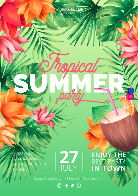 Tropical Summer Party Poster Template with Coconut