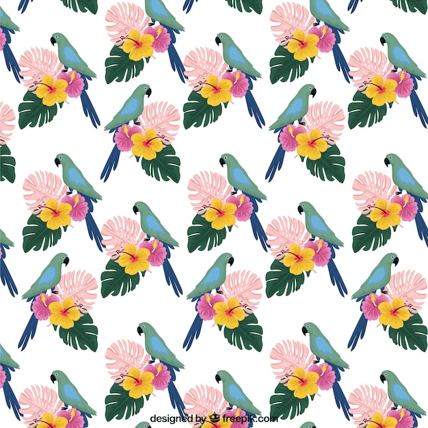 Free vector tropical summer pattern with birds and flowers