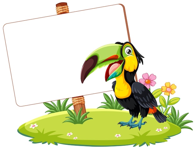 Free Vector tropical toucan with blank signboard