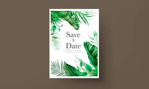 Tropical wedding invitation template with elegant tree leaves