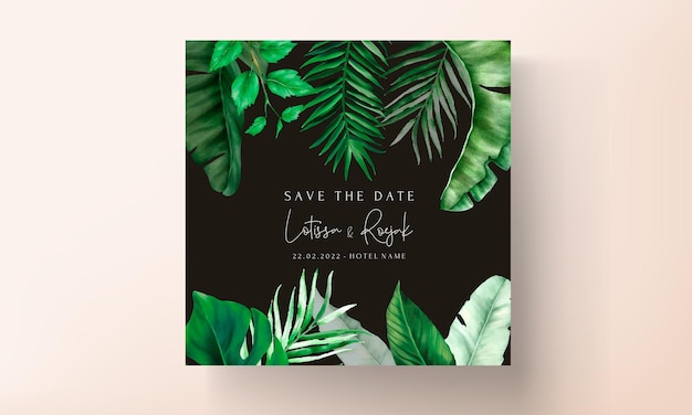 Tropical wedding invitation template with elegant tree leaves