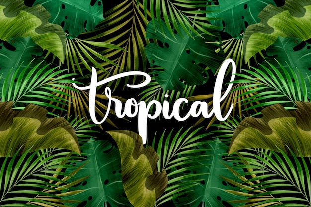 Tropical word lettering and leaves