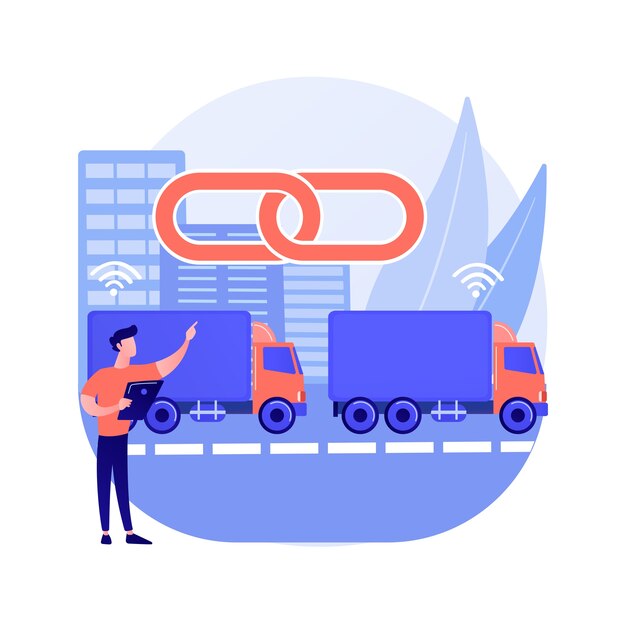 Truck platooning abstract concept vector illustration. Autonomous driving, modern logistics technology, connectivity, electric truck, driverless vehicle, automated highway abstract metaphor.