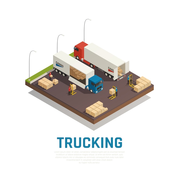 Free vector trucking isometric composition with cargo loading and shipment to heavy vehicles