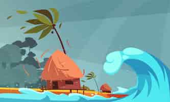 Free vector tsunami on ocean front with bungalow and tropical coast