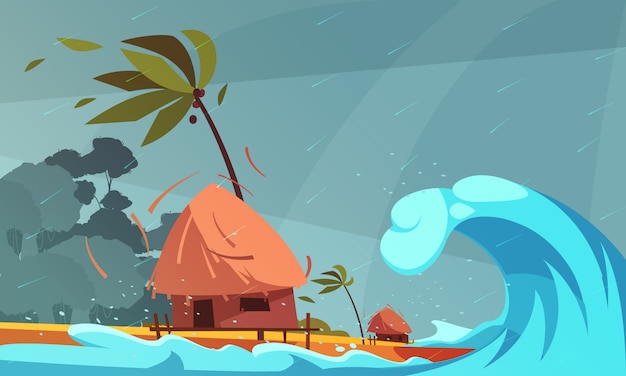 Free Vector tsunami on ocean front with bungalow and tropical coast