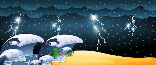 Free Vector tsunami scene with thunderstorms