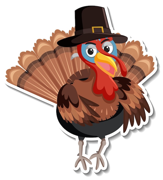 Free vector turkey animal wearing hat cartoon character sticker