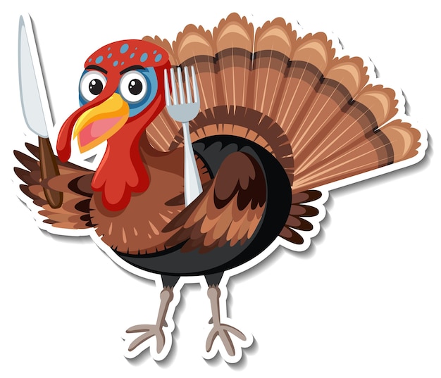 Free Vector turkey holding fork and spoon cartoon character sticker