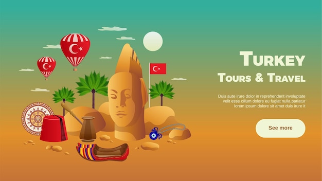 Turkey tourism composition with landmarks and sightseeing symbols flat