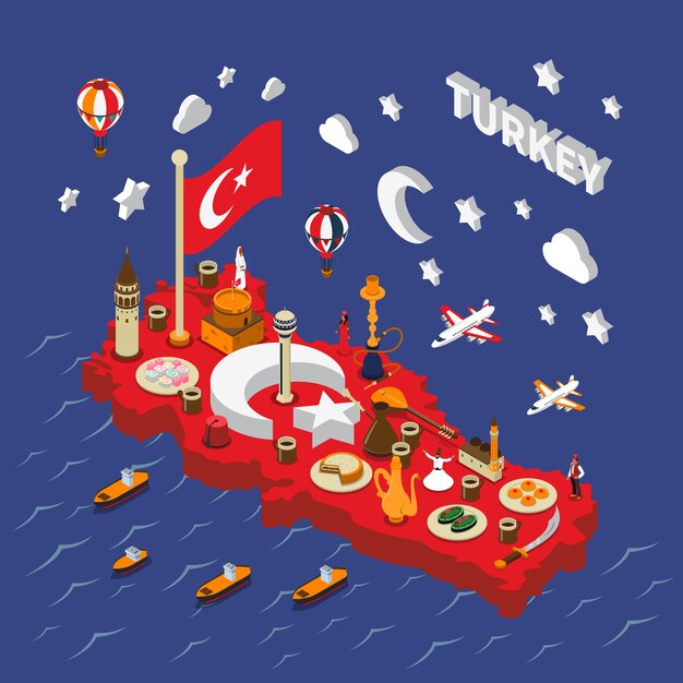 Turkey Touristic  Attractions Isometric Map Poster