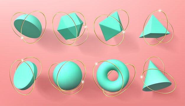 Turquoise 3d geometric shapes with golden rings